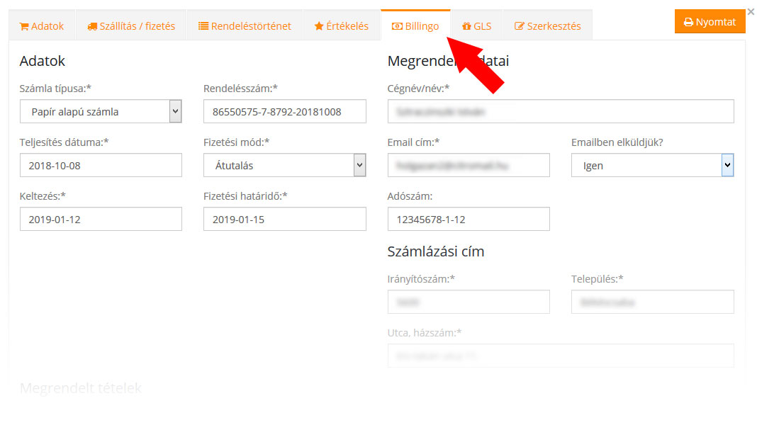 Számla generálása rendelésből a Billingo használatával