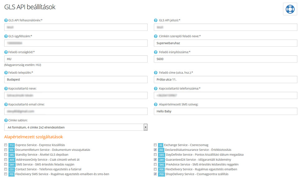 GLS API beállítások
