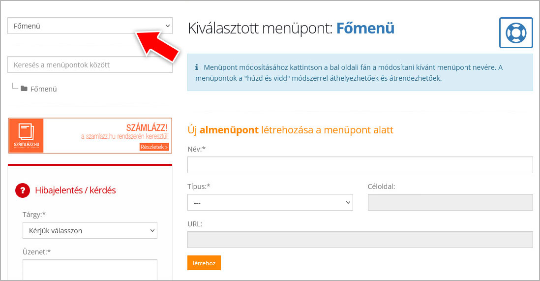 Menük szerkesztése a webshopban