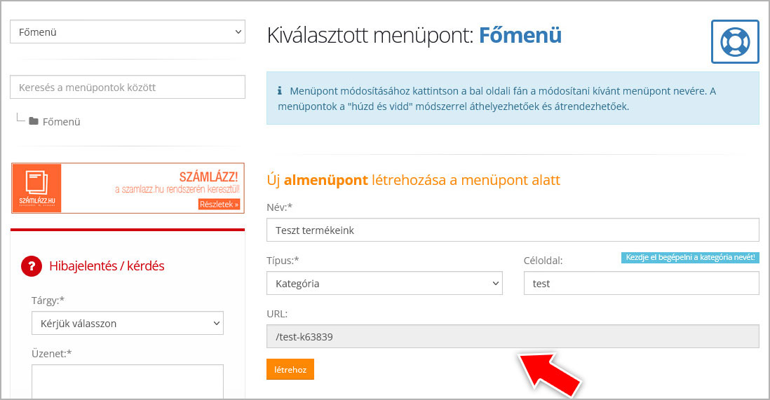 Új menüpont létrehozása a webáruházban