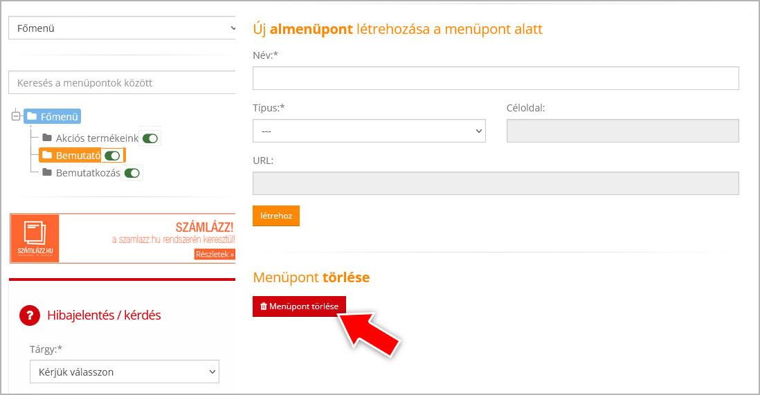 Menüpont törlése a webshopból