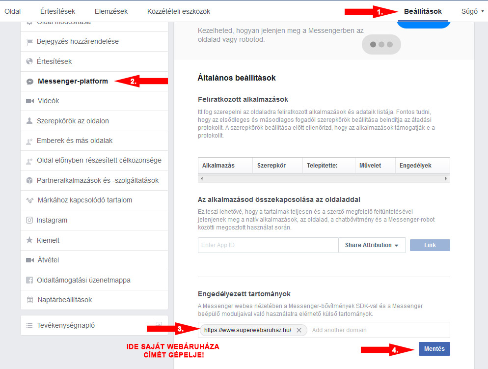 Facebook oldal domain engedélyezése