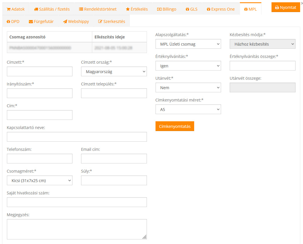 MPL API csomagfeladás