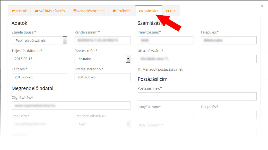 Számla generálása rendelésből