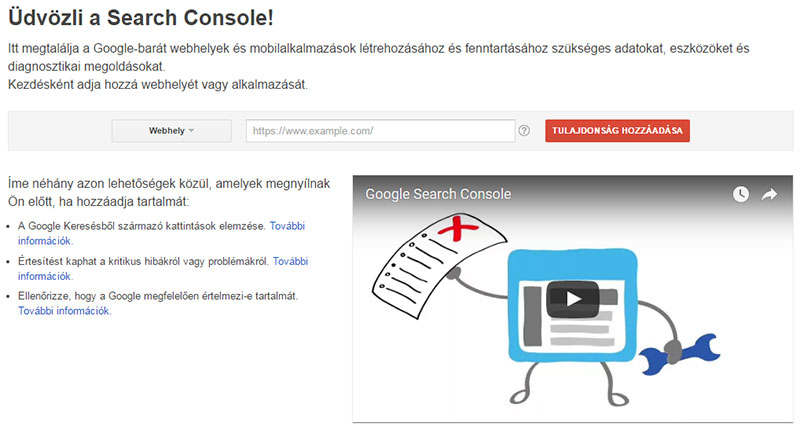 Google Search Console kezdőképernyő